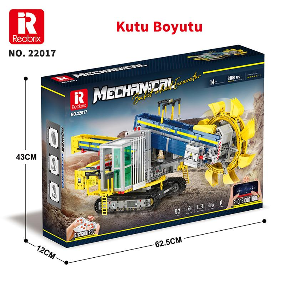 Sarı ve mavi kovalı tekerlekli ekskavatör oyuncağının kutusu.