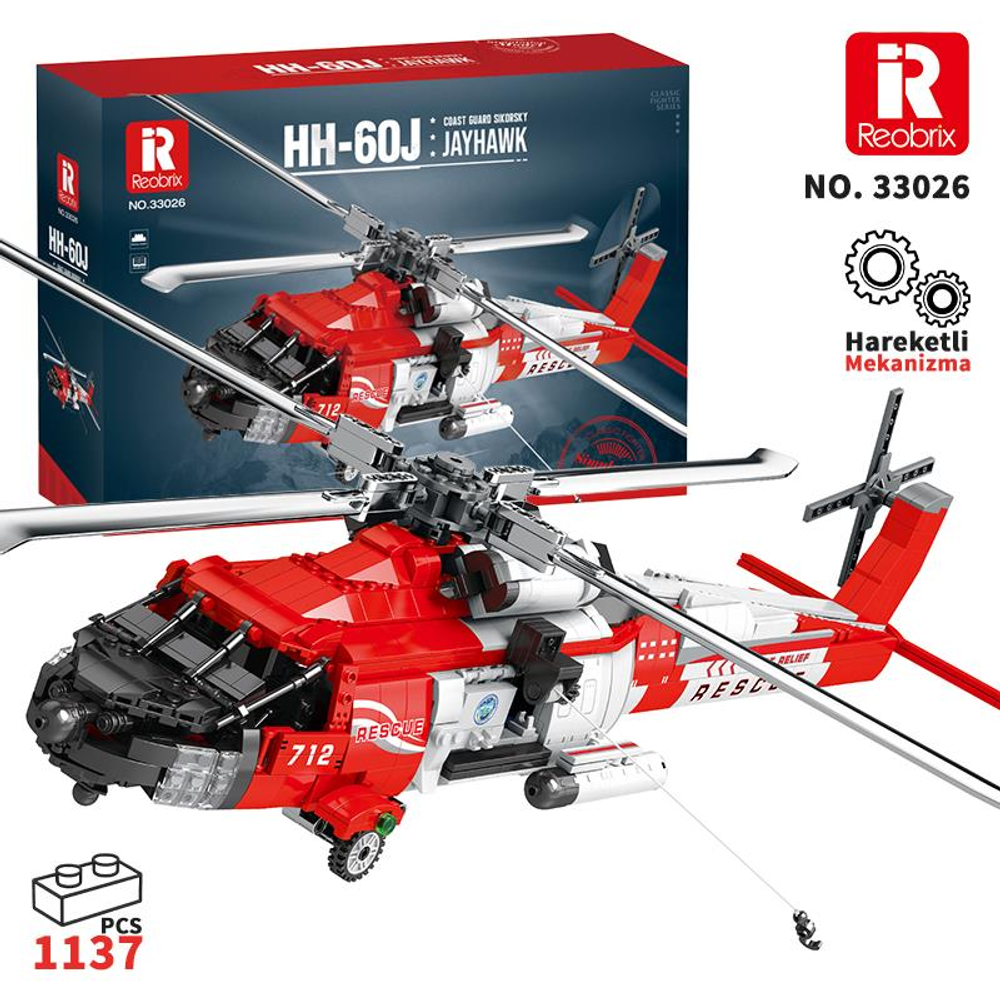 Beyaz arka plan üzerinde iki kırmızı ve beyaz Lego helikopter, HH-60J modeli.