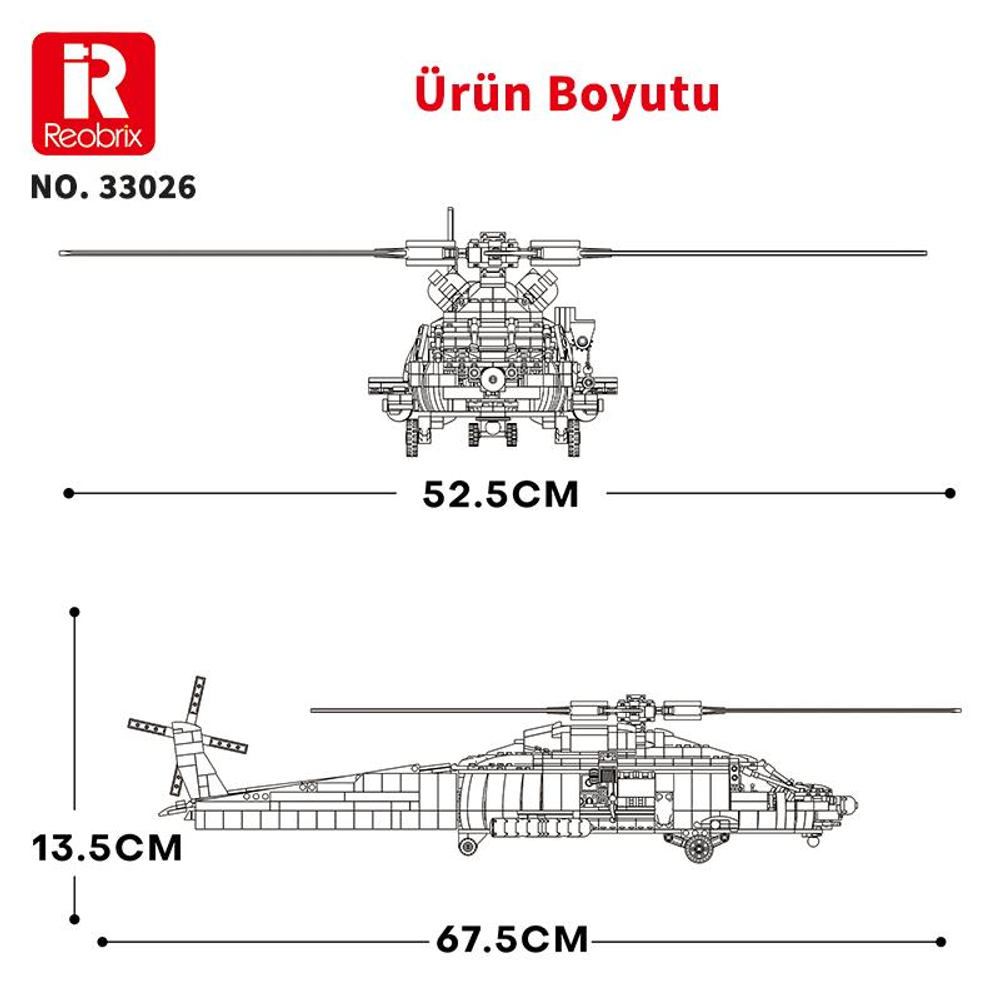 Helikopter yapım kiti boyutları: 52,5 cm genişlik, 13,5 cm yükseklik, 67,5 cm uzunluk.