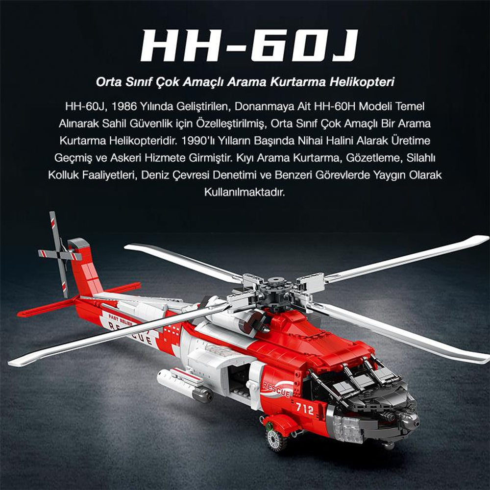 Üzerinde "RESCUE" yazan ve 712 numaralı kırmızı ve beyaz helikopter.