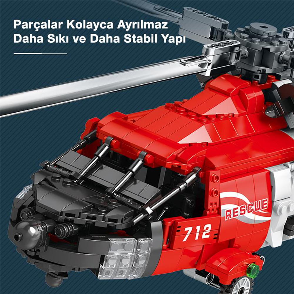 712 numaralı kırmızı ve siyah kurtarma helikopteri oyuncak modelinin yakın çekimi.