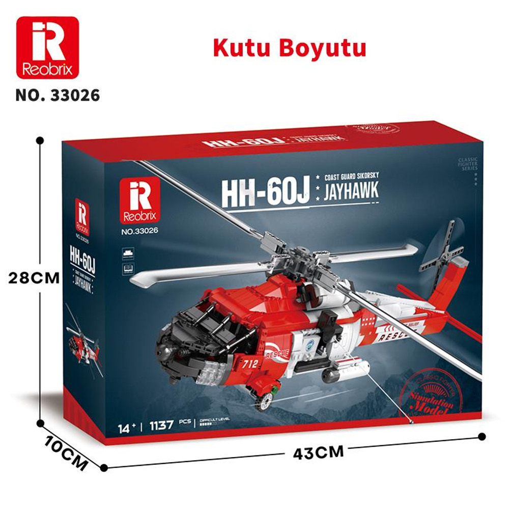 HH-60J Jayhawk yazılı kırmızı ve beyaz helikopter kutusu. Boyutlar gösteriliyor.