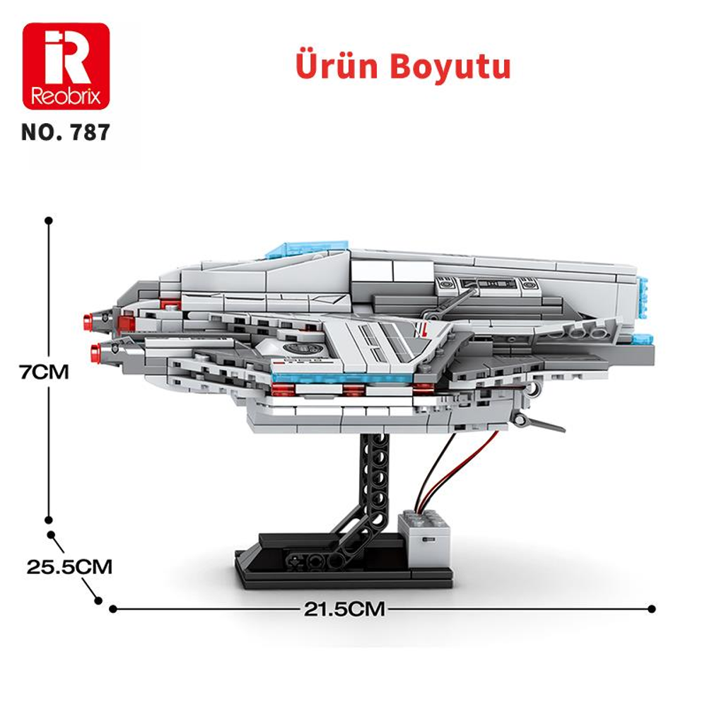 Boyutları gösteren bir stand üzerinde beyaz ve gri uzay gemisi modeli.