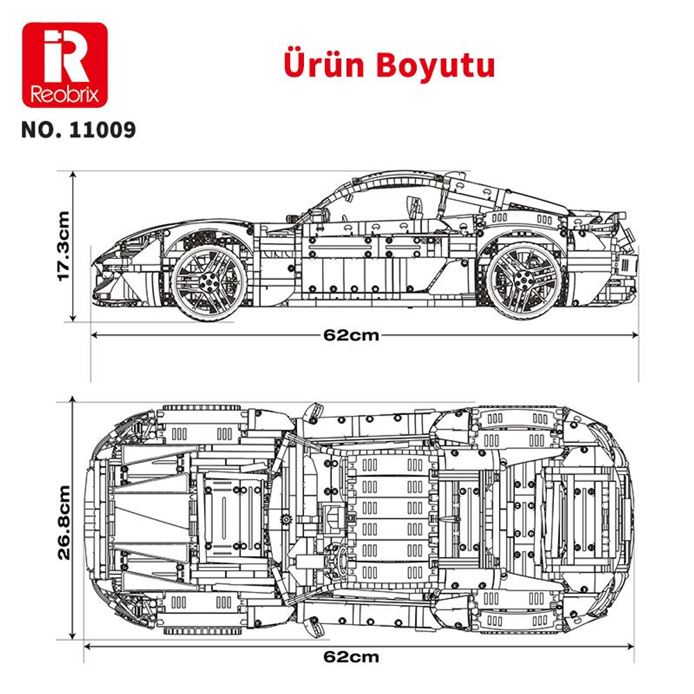 Boyutları olan detaylı bir araba modelinin yan ve üstten görünümü.