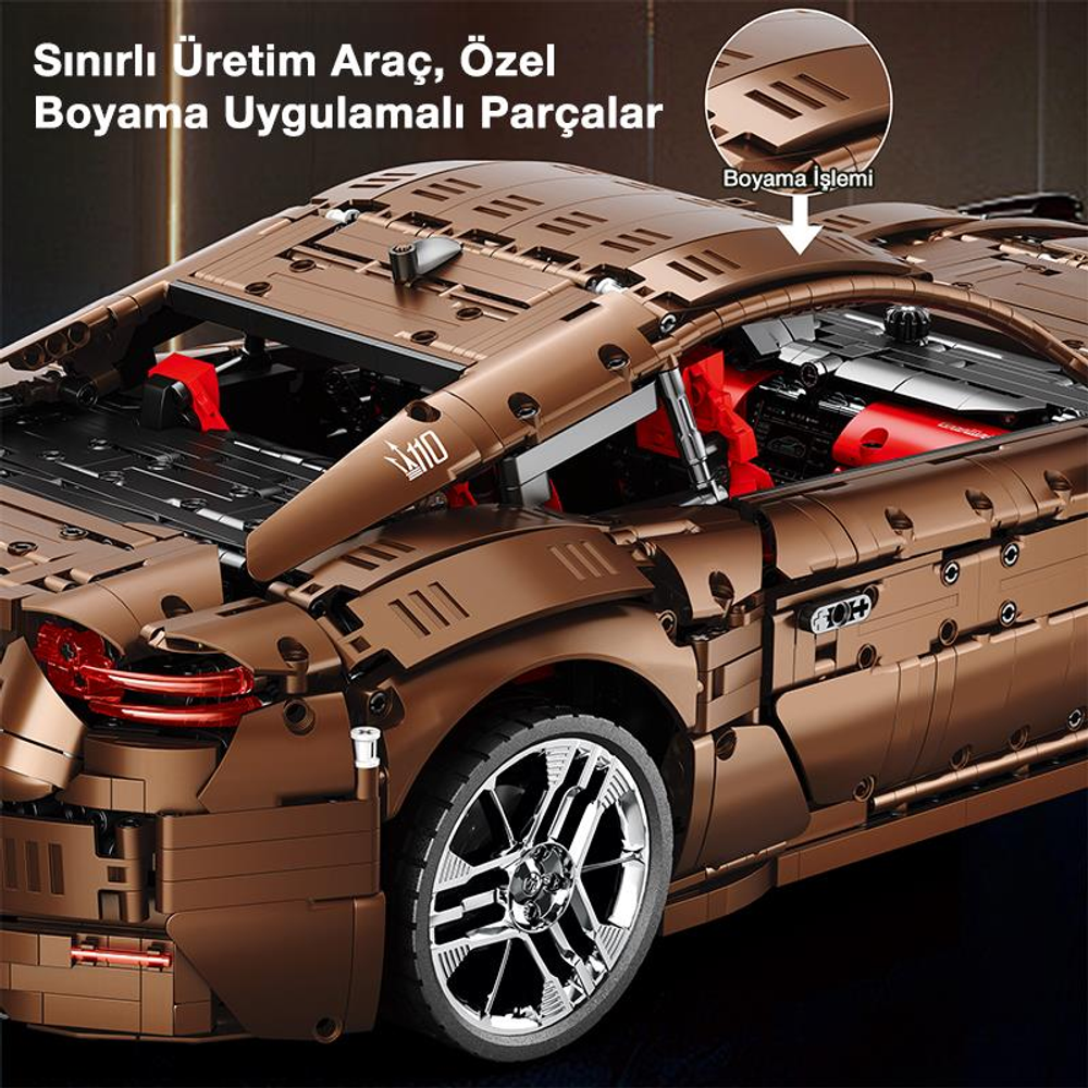 Kırmızı iç detaylara ve ayrıntılı tekerleklere sahip kahverengi model araba.