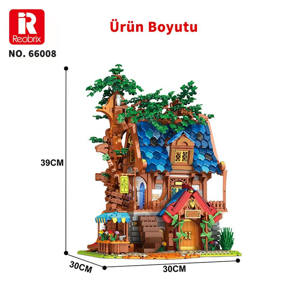 Mavi çatılı, ağaç detaylı, çok katlı bir evin detaylı modeli.