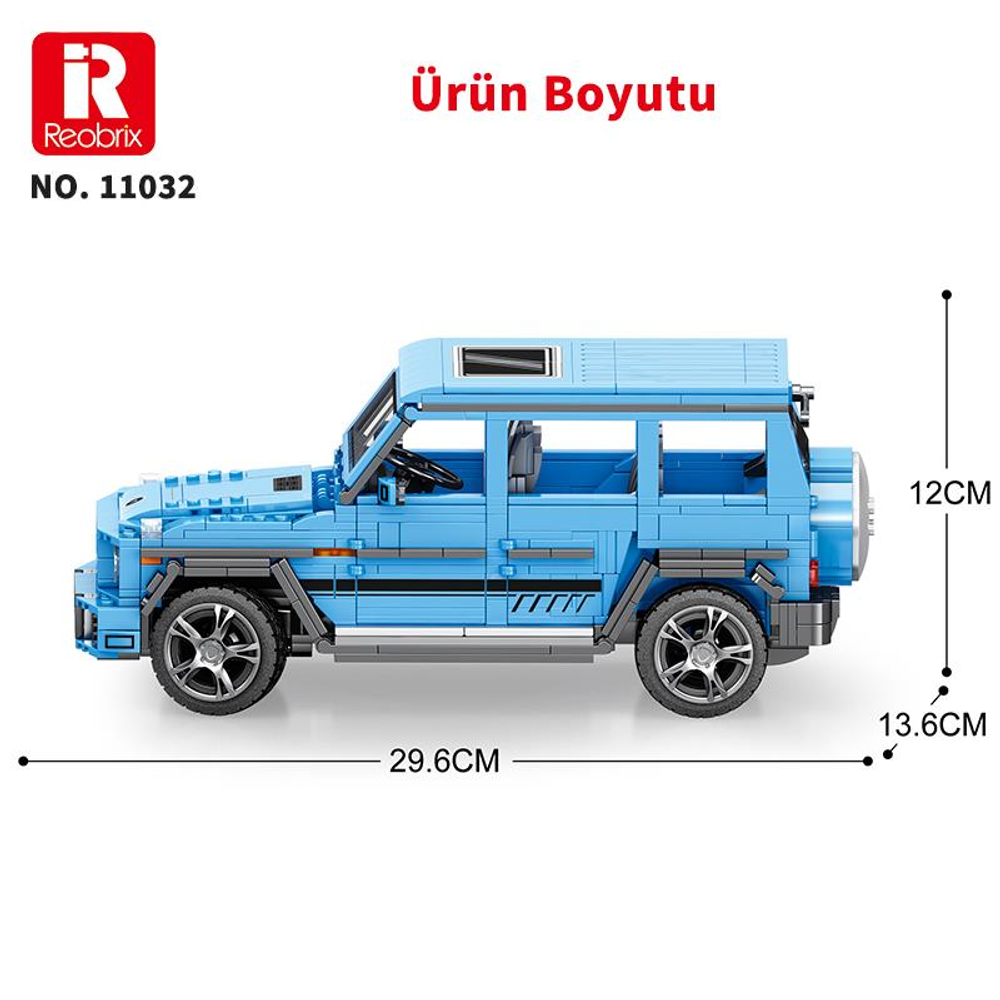 Mavi Lego araba, boyutları 29,6 cm uzunluk, 12 cm yükseklik ve 13,6 cm genişlik.