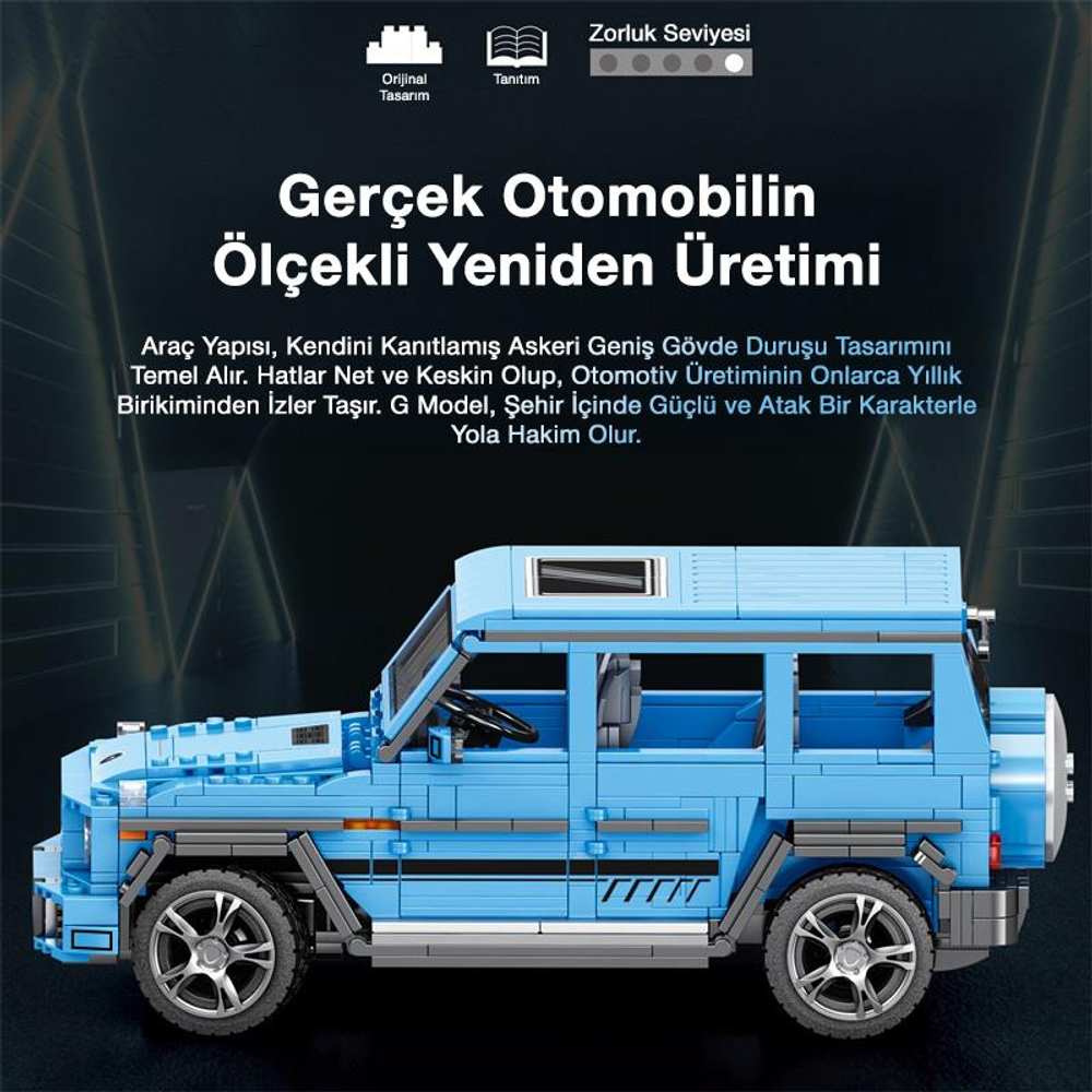 Mavi Lego SUV, detaylı tekerlekler ve siyah iç kısım.