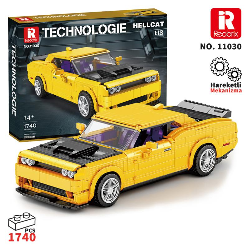 Siyah kaputlu ve mor koltuklu sarı Lego yapım parçası araba.