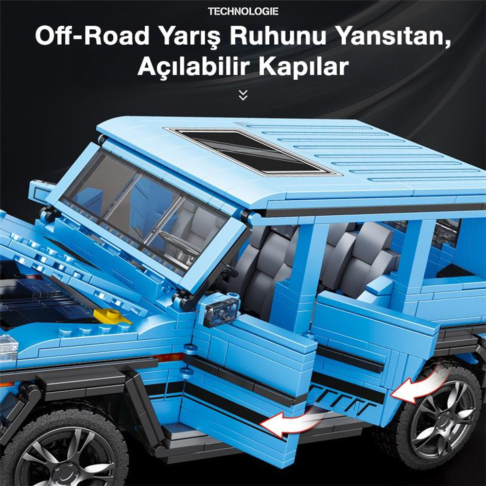 Açık kapılı ve sunrooflu mavi oyuncak araba modeli.
