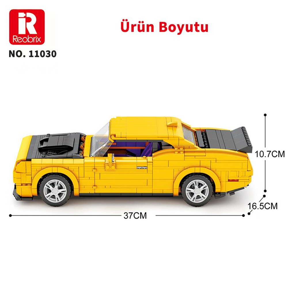 Sarı oyuncak spor araba, 37cm uzunluk, 10,7cm yükseklik, 16,5cm genişlik.