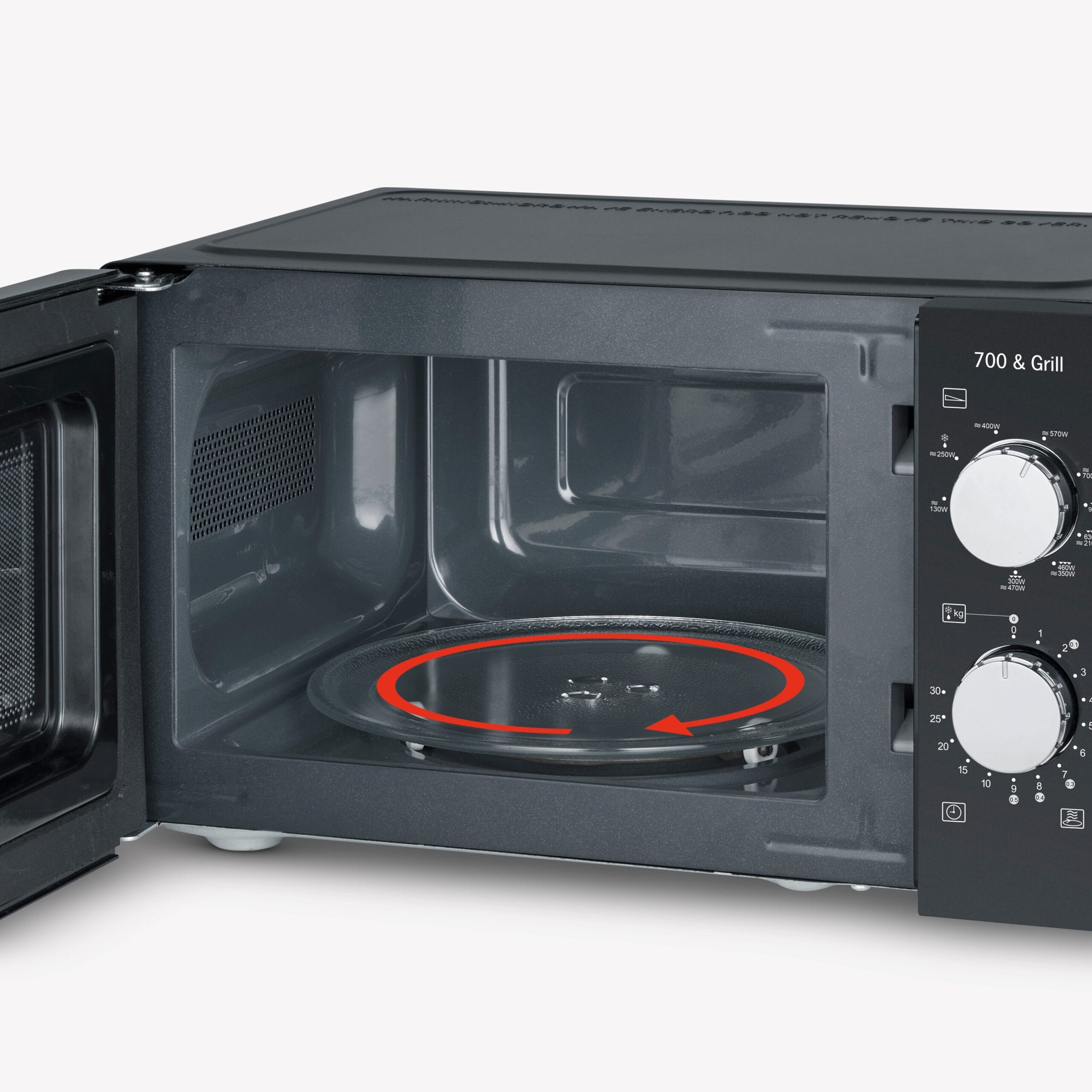 Microondas negro con puerta abierta, plato giratorio de cristal y controles a la derecha.