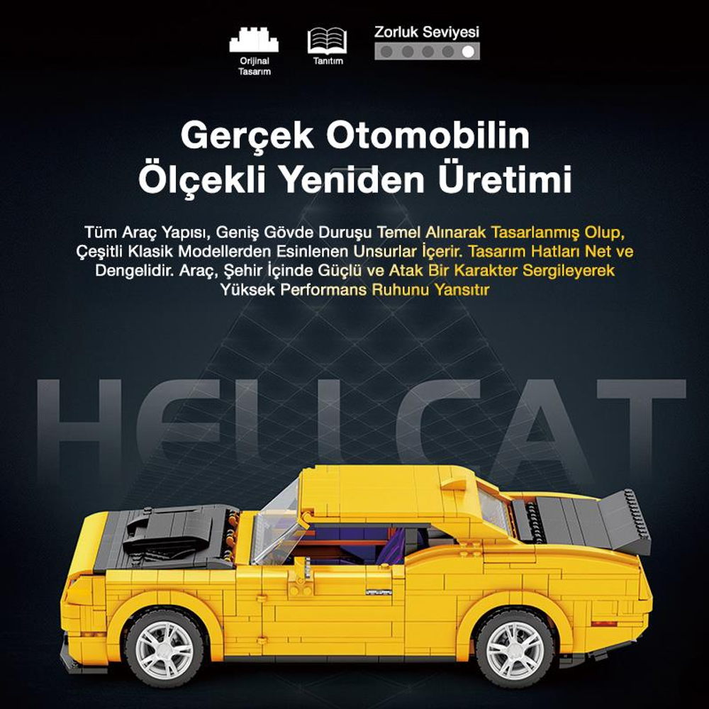 Üzerinde metin bulunan sarı renkli bir Hellcat model araba.