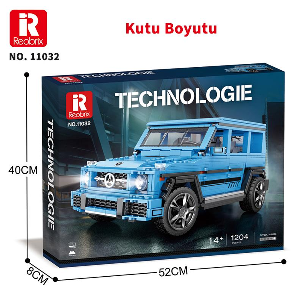 Üzerinde "TECHNOLOGIE" yazan kutuda mavi tuğla SUV.