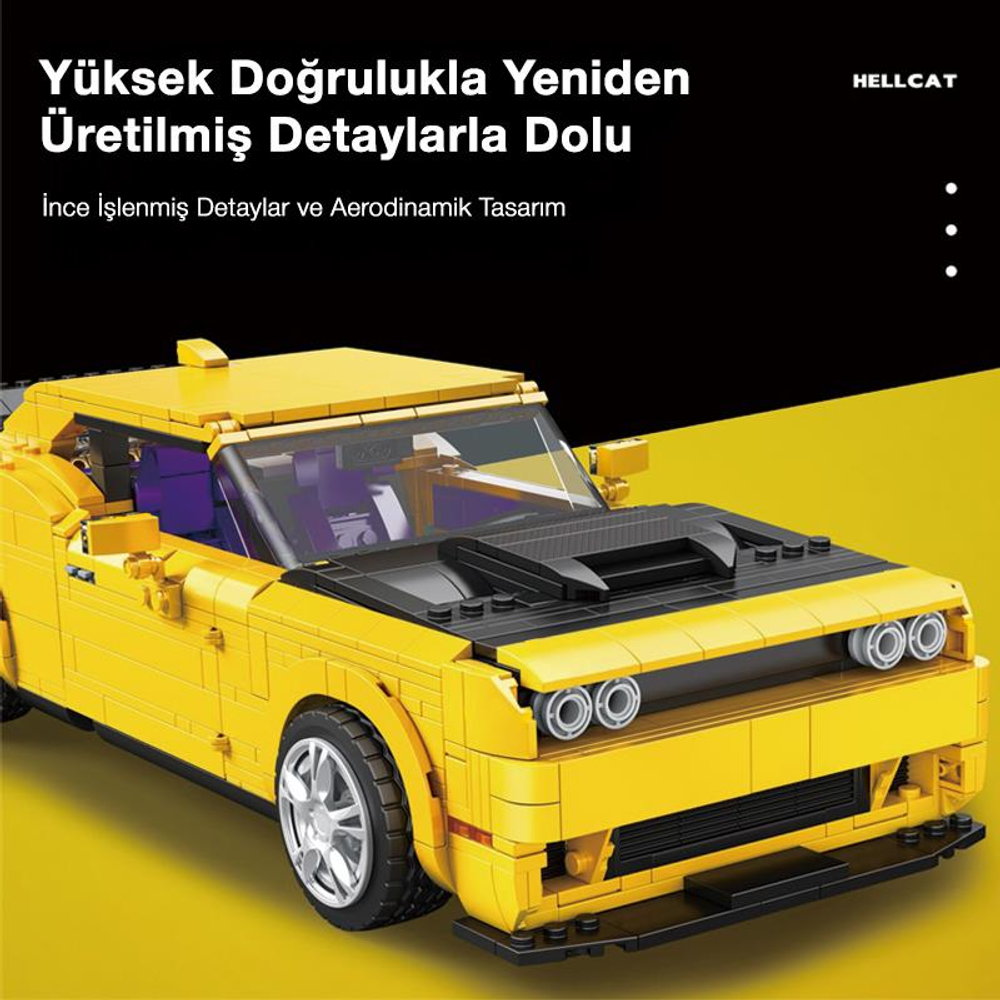 Detaylı ızgara ve tekerleklere sahip sarı Lego model araba.