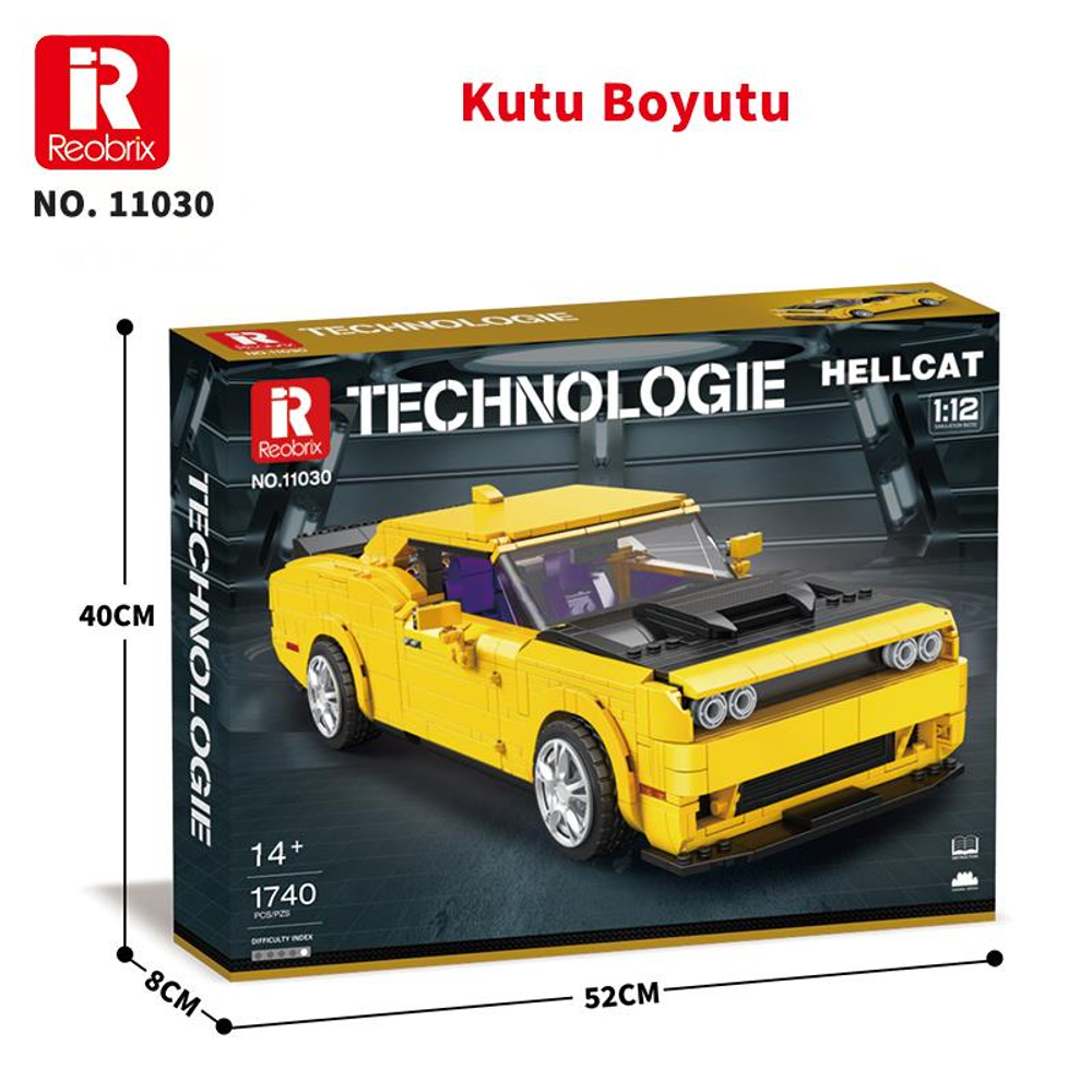'Hellcat' etiketli sarı model araba yapım kiti kutusu.