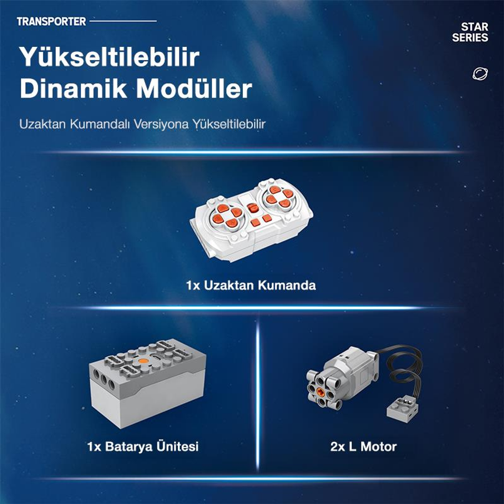 Beyaz uzaktan kumanda, pil ünitesi ve iki motor.