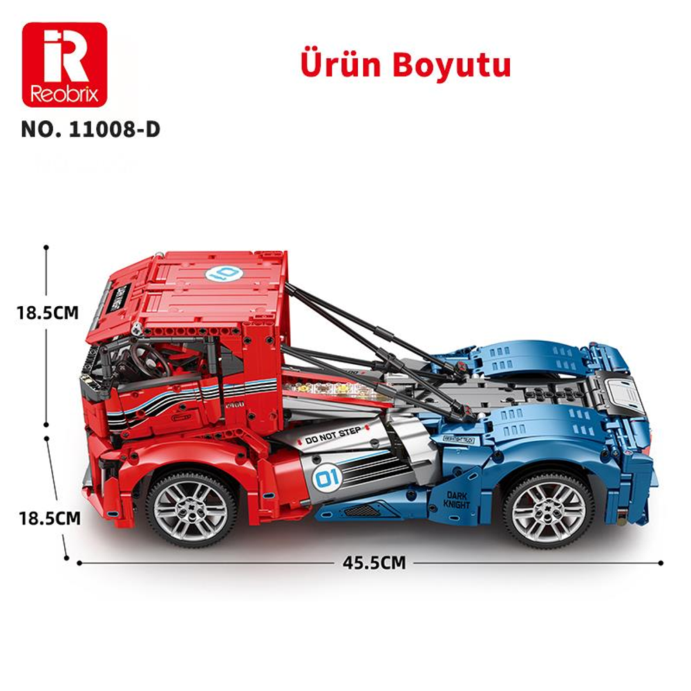 Solda boyutları gösterilen kırmızı ve mavi oyuncak kamyon modeli.