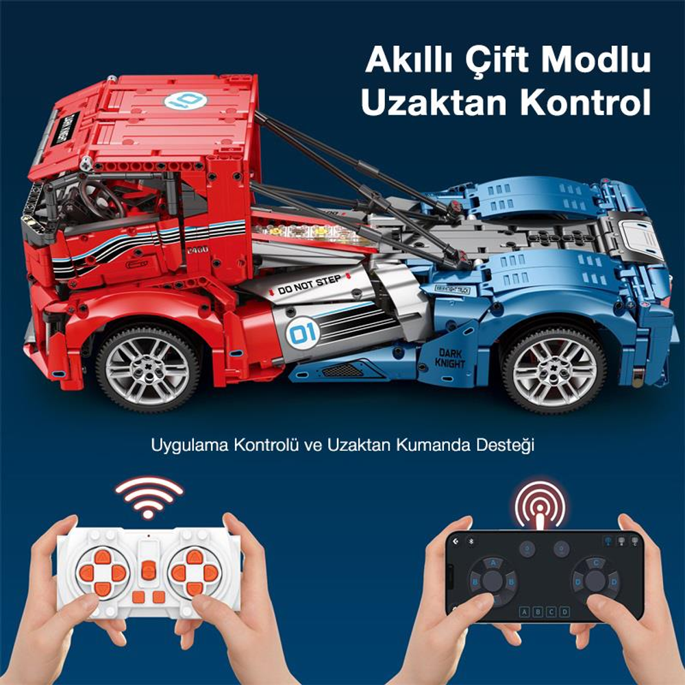 Uzaktan kumandalı kırmızı ve mavi kamyon yapım kiti, kumanda ve akıllı telefon ile.