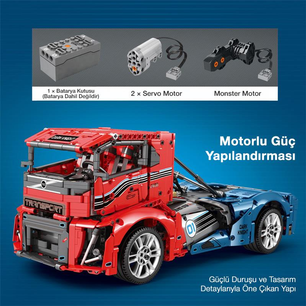 Motorlar ve pil kutusu içeren kırmızı ve mavi LEGO kamyon modeli.
