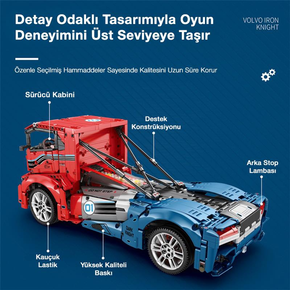 Kırmızı bir kamyon kabin bölümü ve mavi bir oyuncak model ön bölümü.