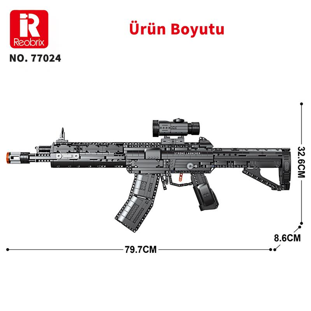 Dürbünlü siyah bir taarruz tüfeği modeli, boyutları 79,7x32,6x8,6cm.