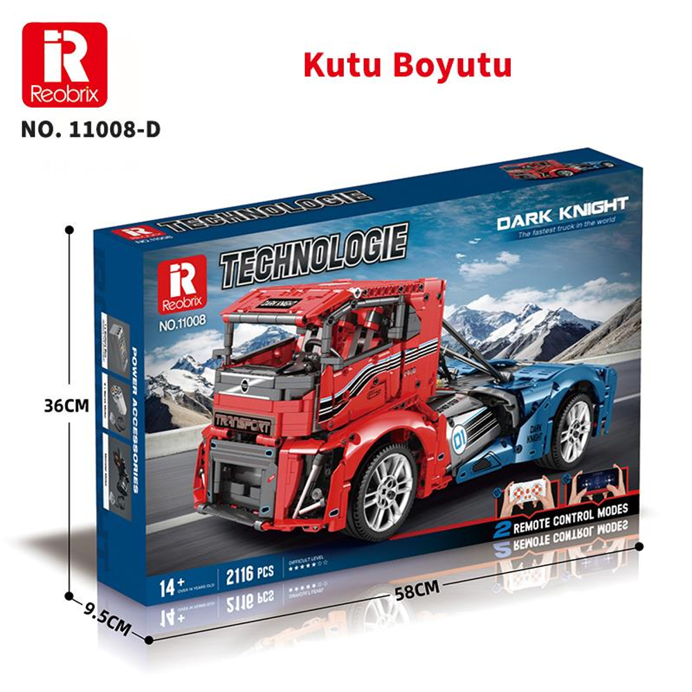Arkada dağ manzarası olan kırmızı ve mavi kamyon yapım kiti kutusu.