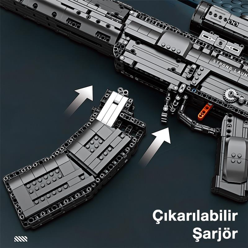 Çıkarılabilir şarjörlü siyah oyuncak taarruz tüfeği yapım kiti.