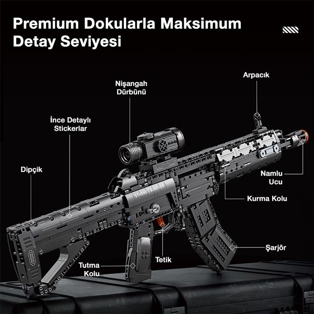 Dürbünlü ve çıkartmalı detaylı siyah oyuncak tüfek.