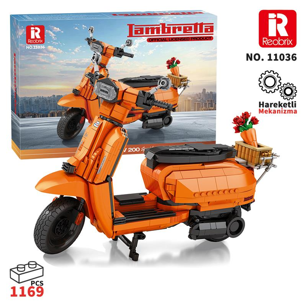 Sepetinde çiçekleri olan turuncu Lego Lambretta scooter.
