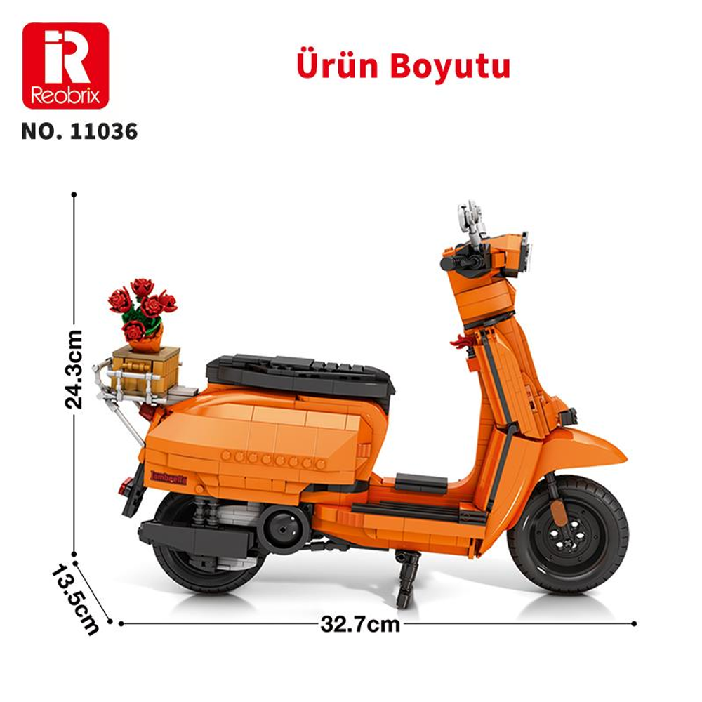 Çiçekli ve boyutları belirtilmiş turuncu model scooter.