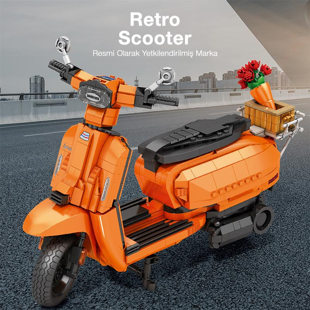 Sepette çiçekleri olan turuncu retro scooter, yapı taşlarından yapılmış.