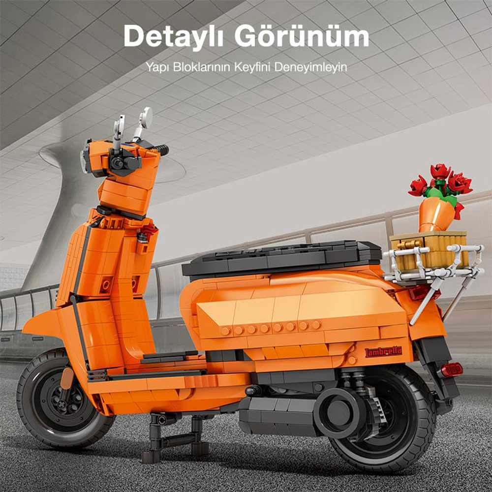 Arkada kırmızı çiçekler ve havuç sepeti olan turuncu tuğla oyuncak scooter.