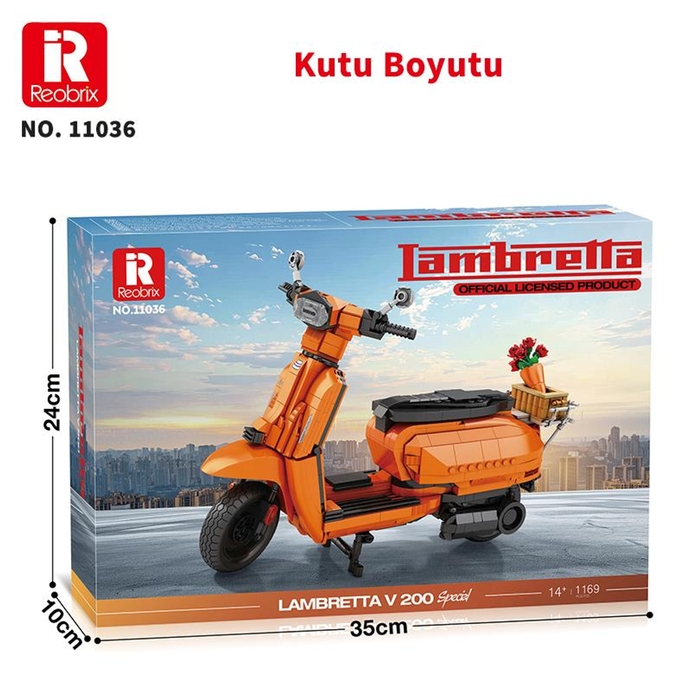 Turuncu Lambretta V 200 Special oyuncak scooter modeli kutusunda boyutlarıyla. Sepette çiçekler.