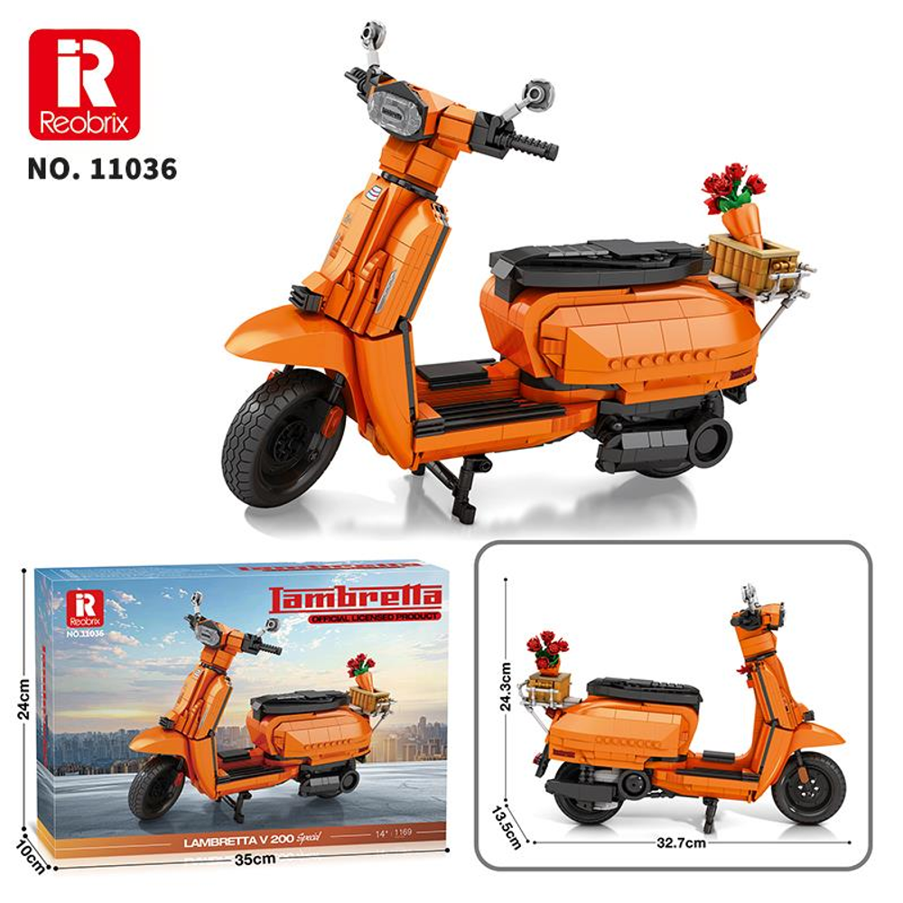 Arkada çiçekli turuncu LEGO Lambretta scooter. Kutu ve boyutları gösteriliyor.