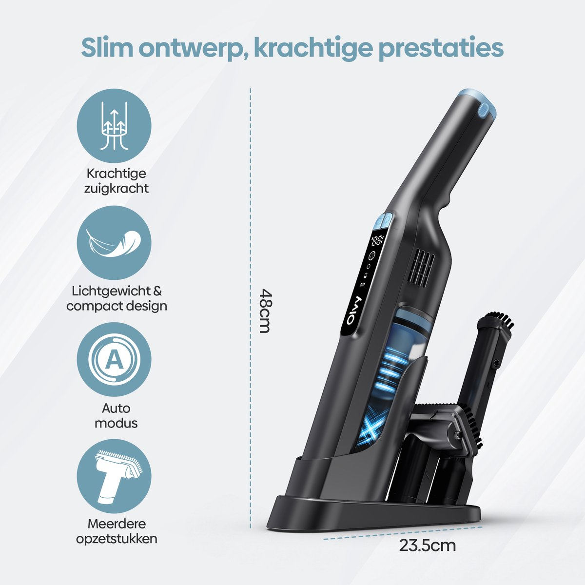 Zwarte draadloze stofzuiger op laadstation met accessoires en afmetingen.