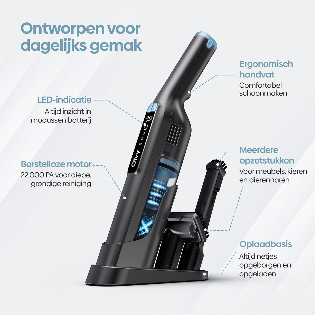 Zwarte kruimeldief met oplaadstation en accessoires. Tekst in het Nederlands.