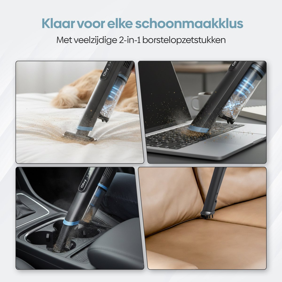 Een kruimeldief reinigt een bed, laptop, auto en bank.