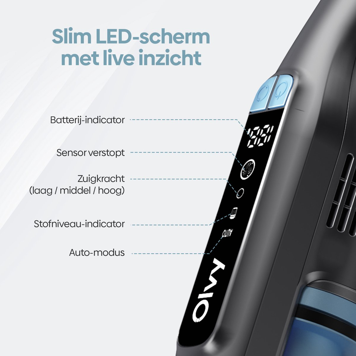 Zwarte stofzuigerhandgreep met LED-display voor batterij, sensor en zuigkracht.