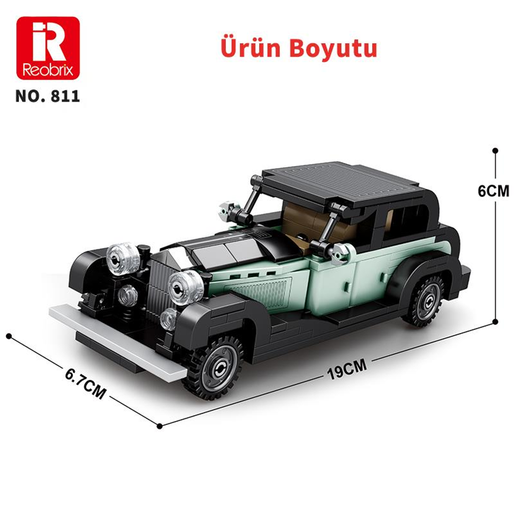 Açık yeşil ve siyah vintage tarzı oyuncak araba, 19x6,7x6 cm ölçülerinde.