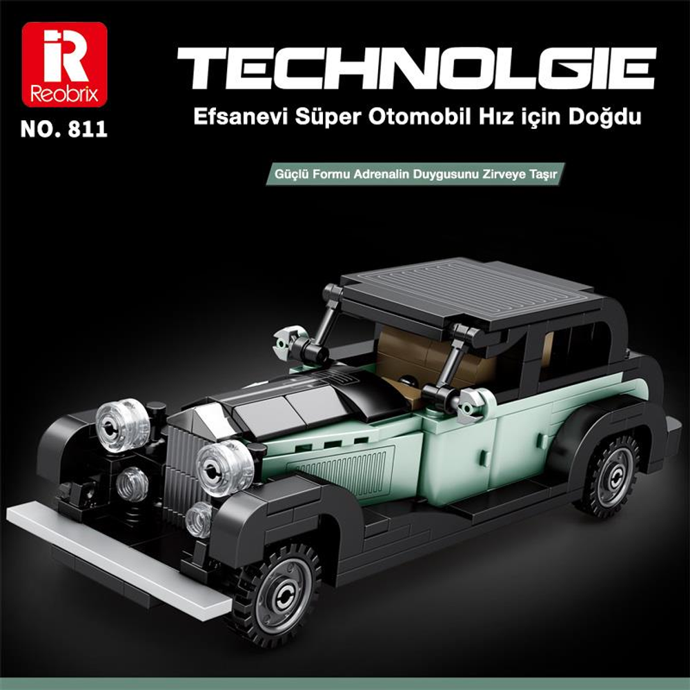 Siyah ve açık yeşil detaylara sahip, vintage, iki renkli bir Lego model araba.