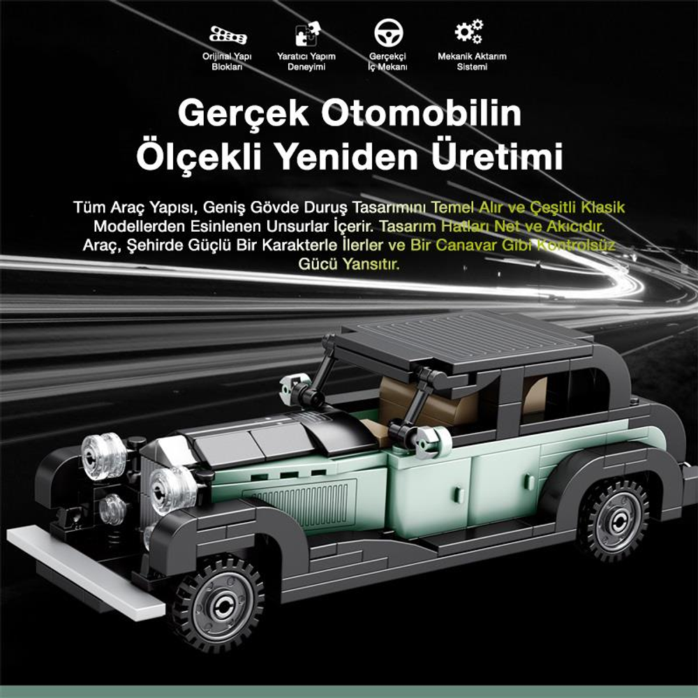 Mint yeşili ve siyah klasik bir araba modelinin ayrıntılı bir modeli.