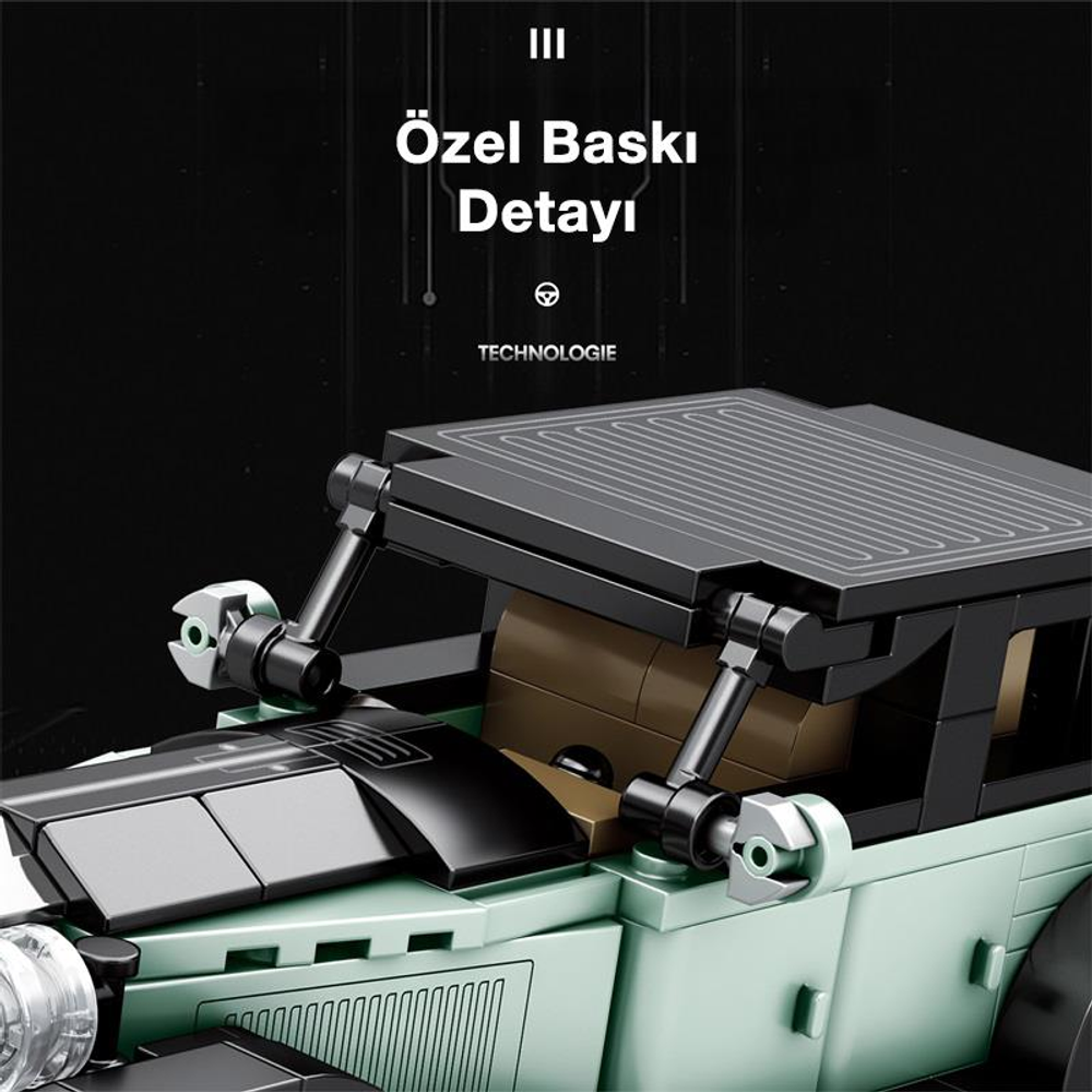 Detaylı ön ve tavana sahip açık yeşil ve siyah Lego araba.
