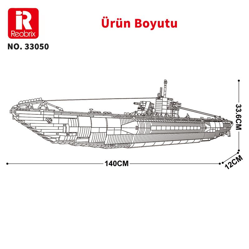 140x33,6x12cm boyutlarında bir denizaltının detaylı taslağı.