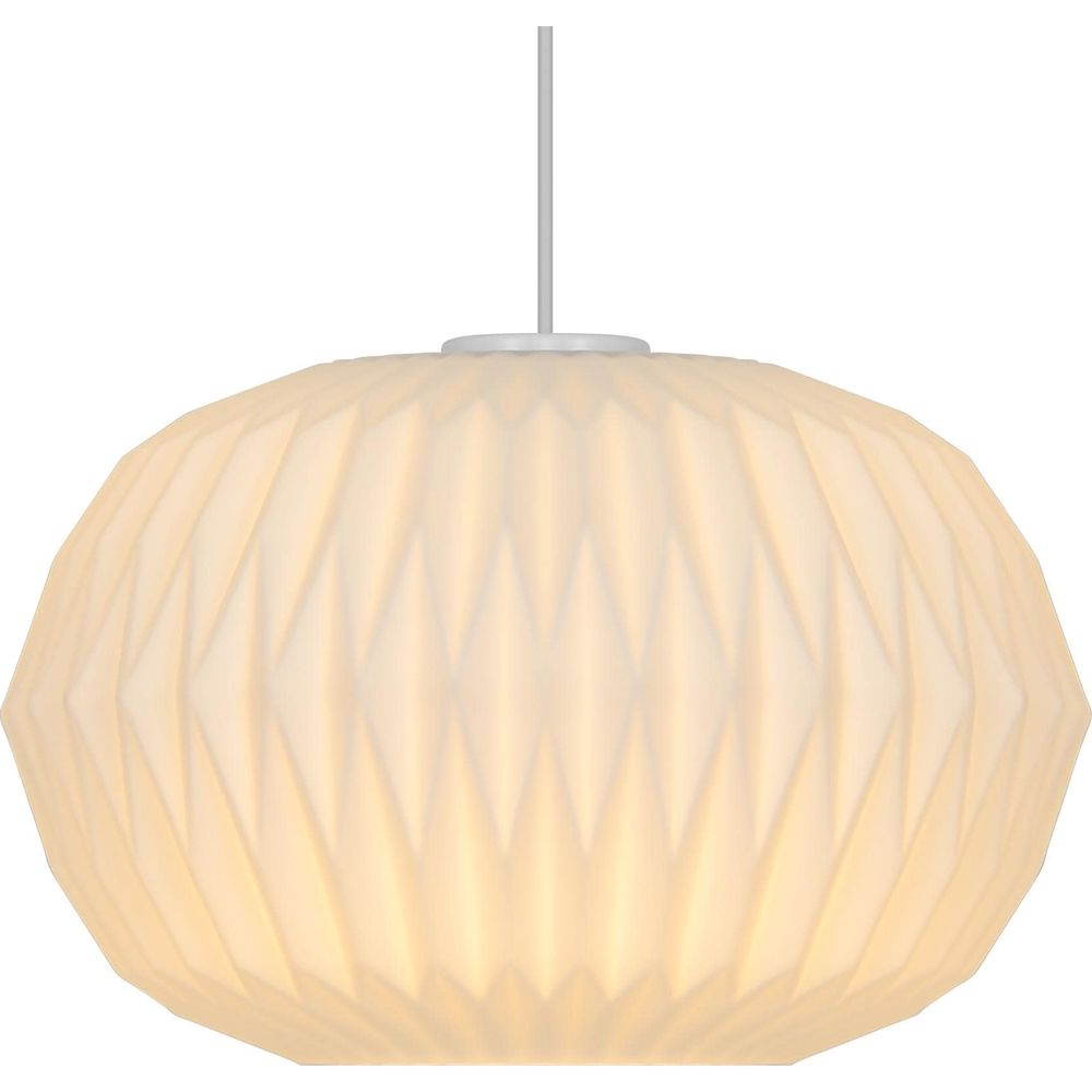 Lampe suspendue blanche plissée avec abat-jour rond et cordon.