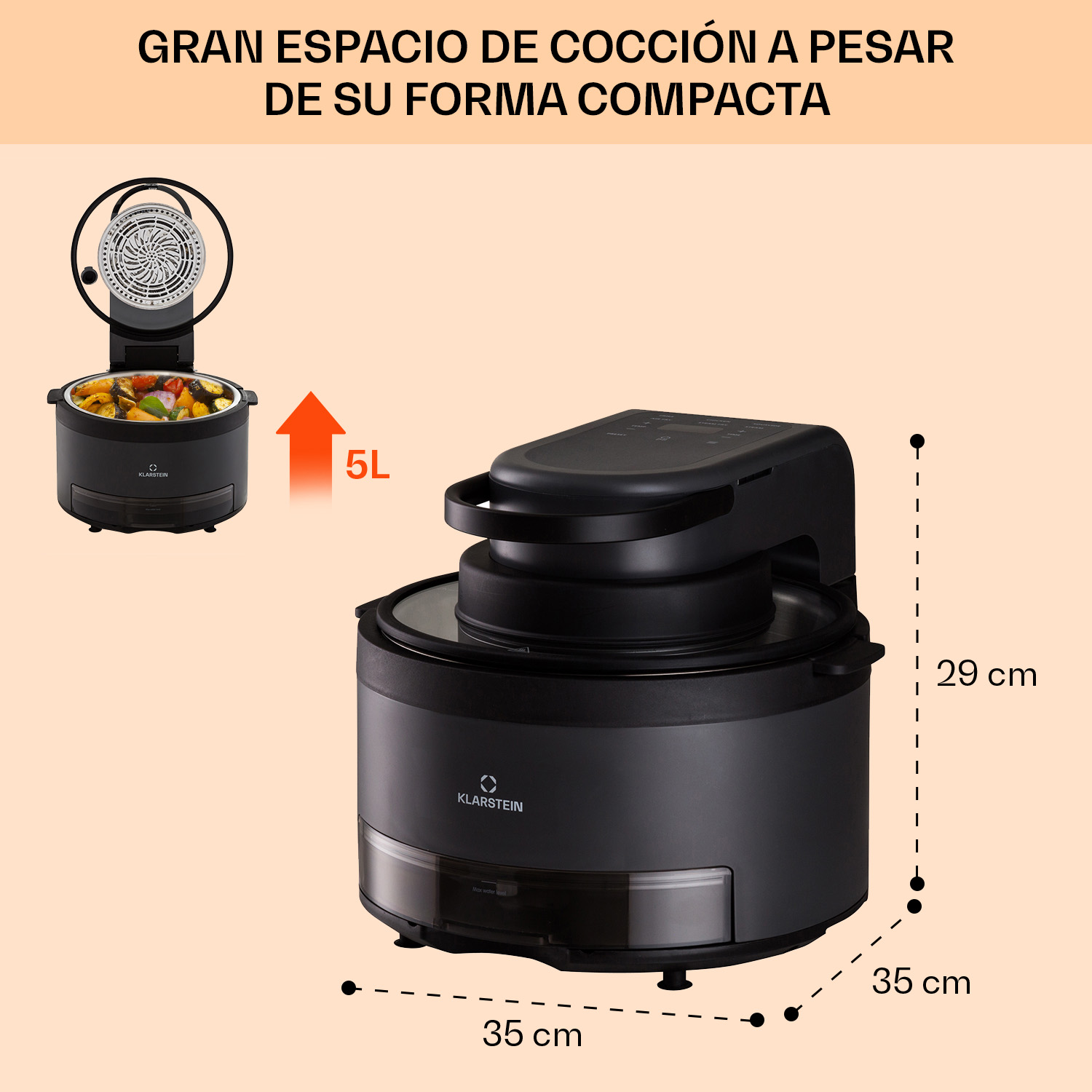 Freidora Klarstein negra, 5L, 35x29x35cm. Verduras cocidas en la imagen superior izquierda.