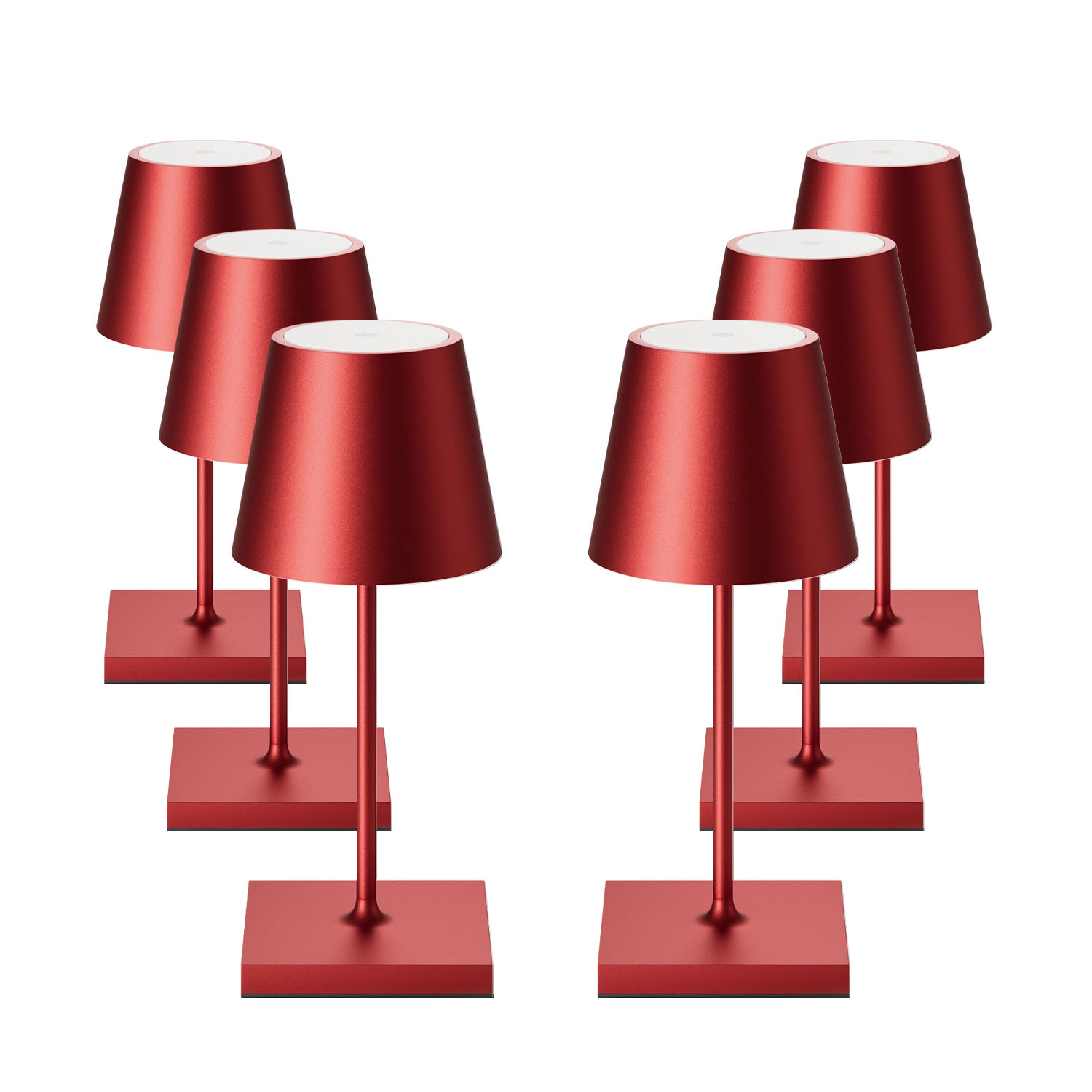 Sieben rote Tischlampen mit quadratischen Sockeln und schmalen Stielen.