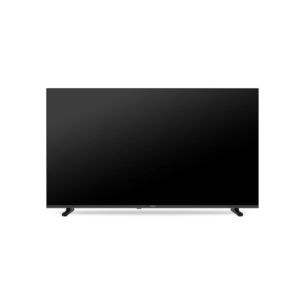Un televisor negro de pantalla plana se apoya en dos patas negras estrechas.