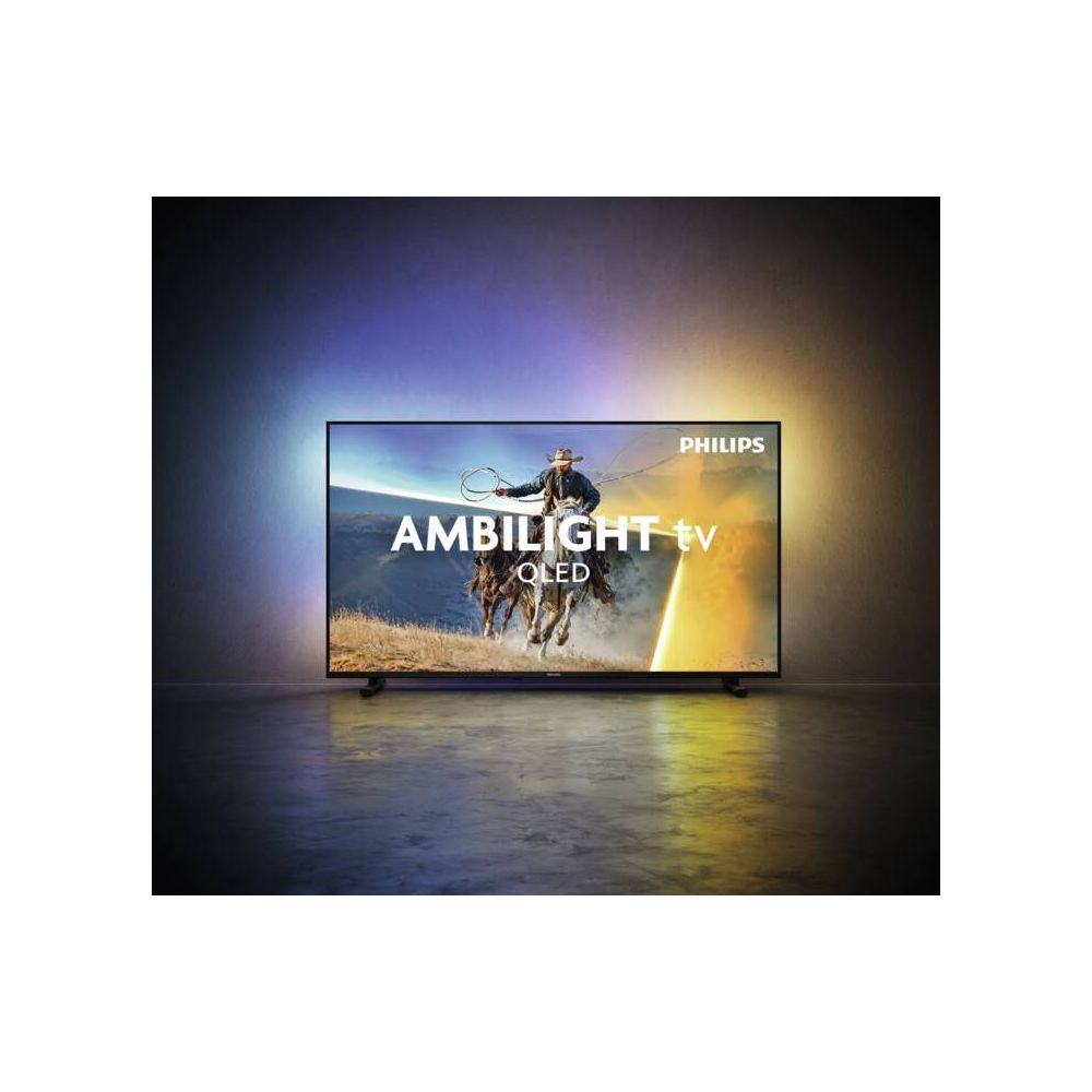 Un hombre a caballo con un lazo, mostrado en un televisor Philips Ambilight.