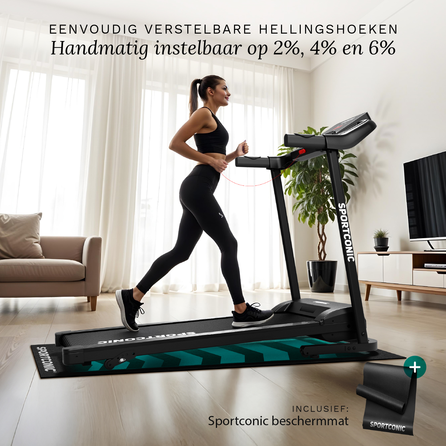 Eine Frau läuft auf einem Laufband in einem modernen Wohnzimmer. Inklusive Matte.
